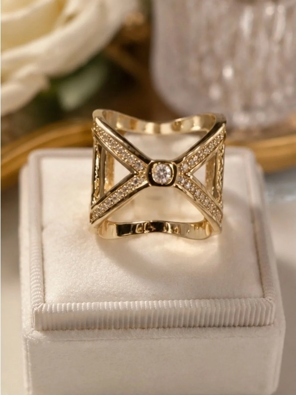 Elegant Rose Gold CZ Cocktail Statement Ring | Geometric Criss Cross | Size 6